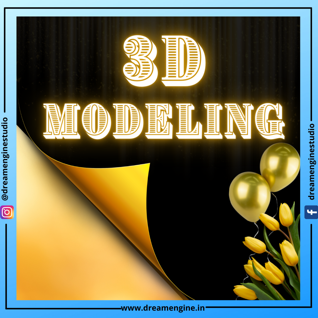 3D modeling is written in a premium style using black and golden colour and there is a tulip in the picture